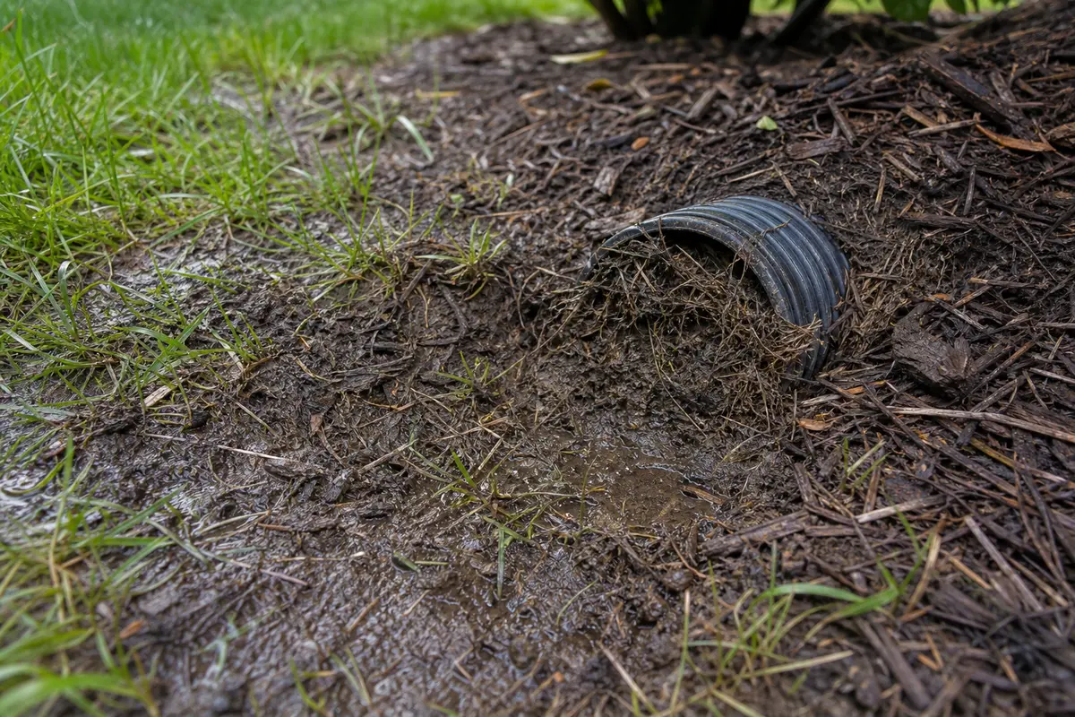 Buried yard drain outlet blocked with mud and grass after drainage backs up