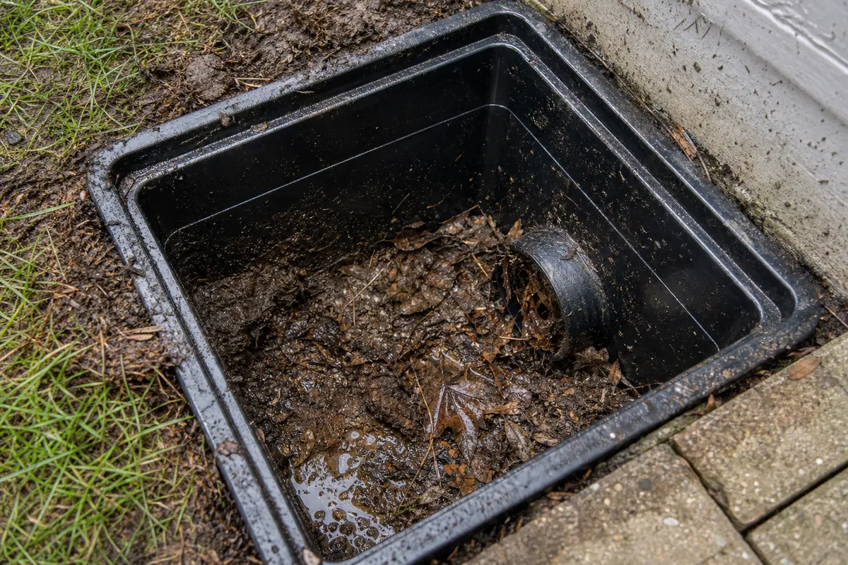Catch basin opened with wet leaves and silt after yard drainage stops draining