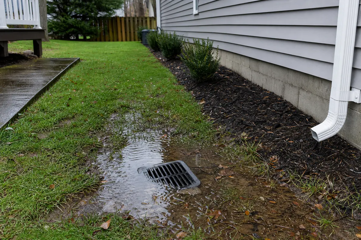 Yard drain grate sitting in standing water while yard drainage is not draining