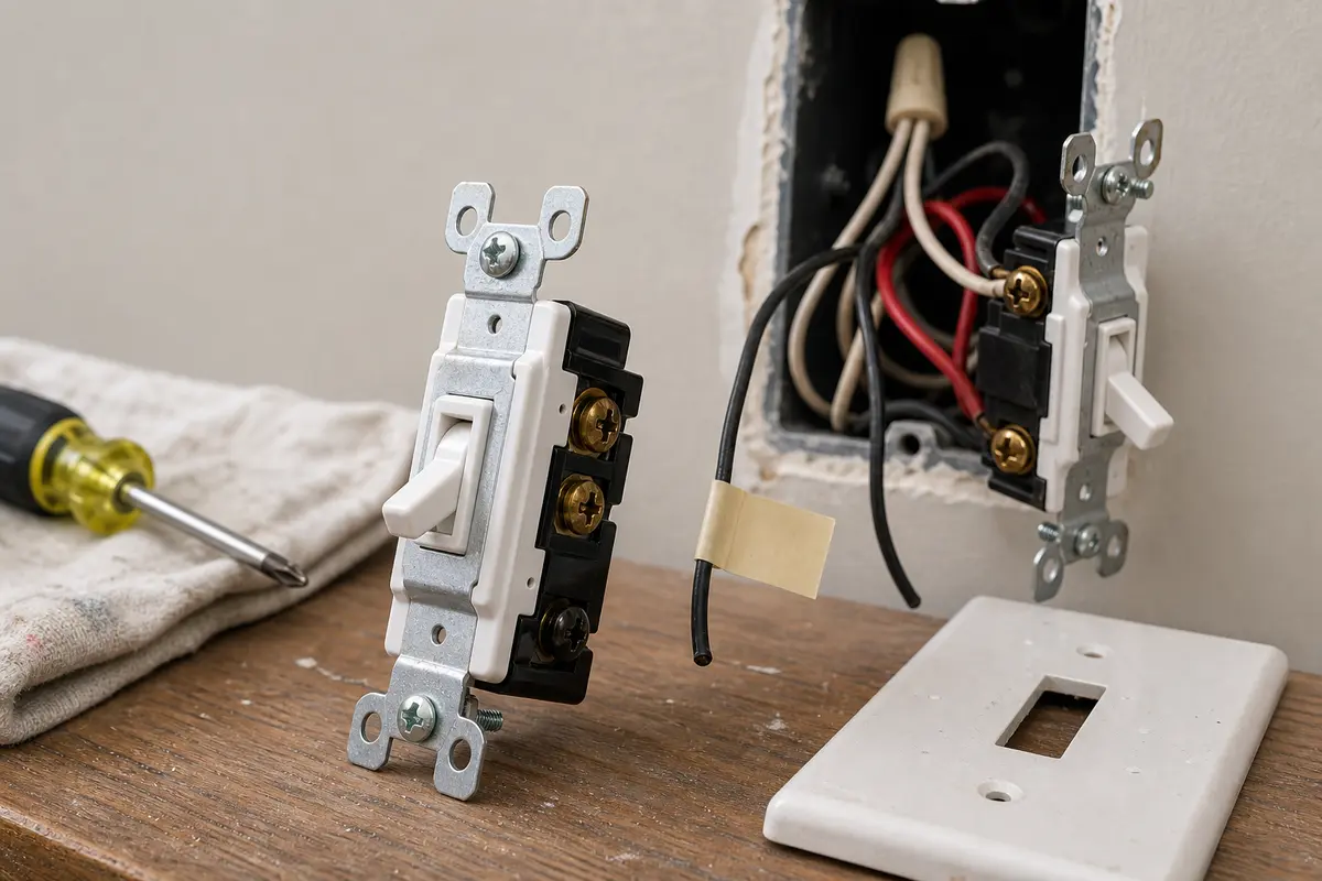 New 3-way light switch with visible mounting ears and screw terminals