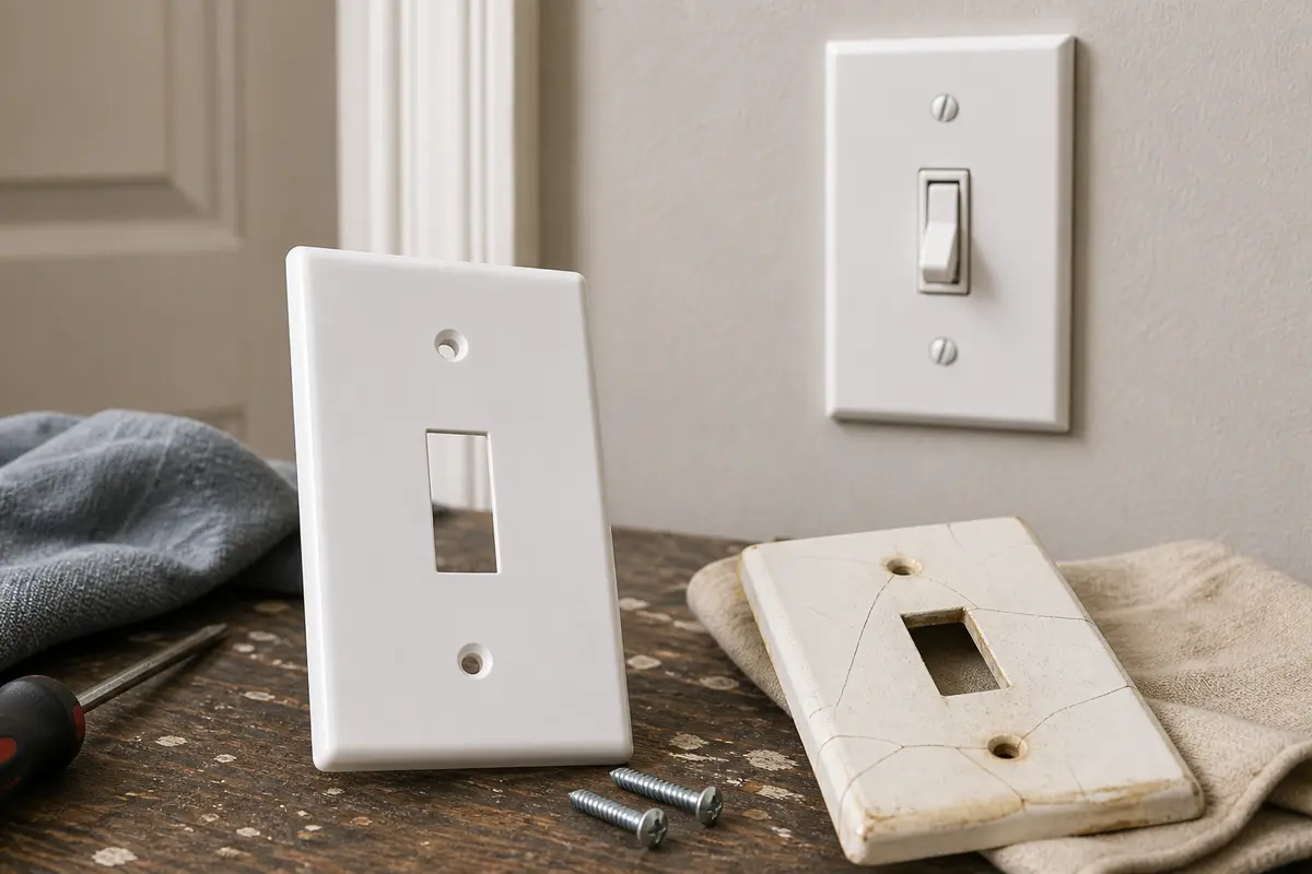 Single-gang light switch wall plate with plate screws