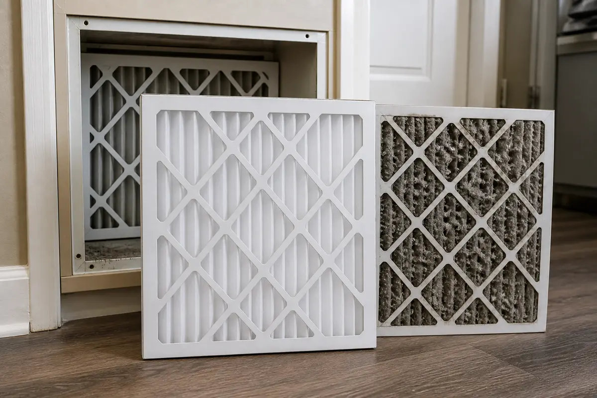 Clean pleated AC filter beside clogged filter near return grille