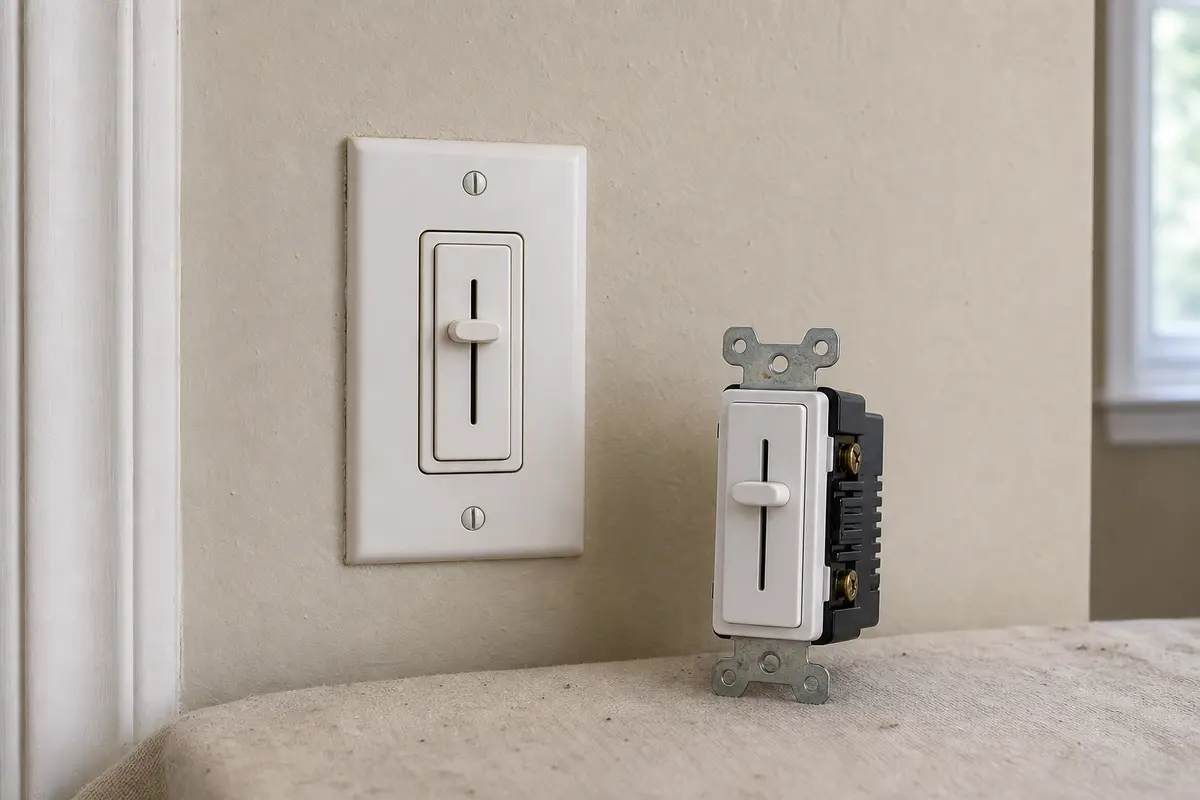 LED-compatible dimmer switch staged beside a wall switch during flicker diagnosis