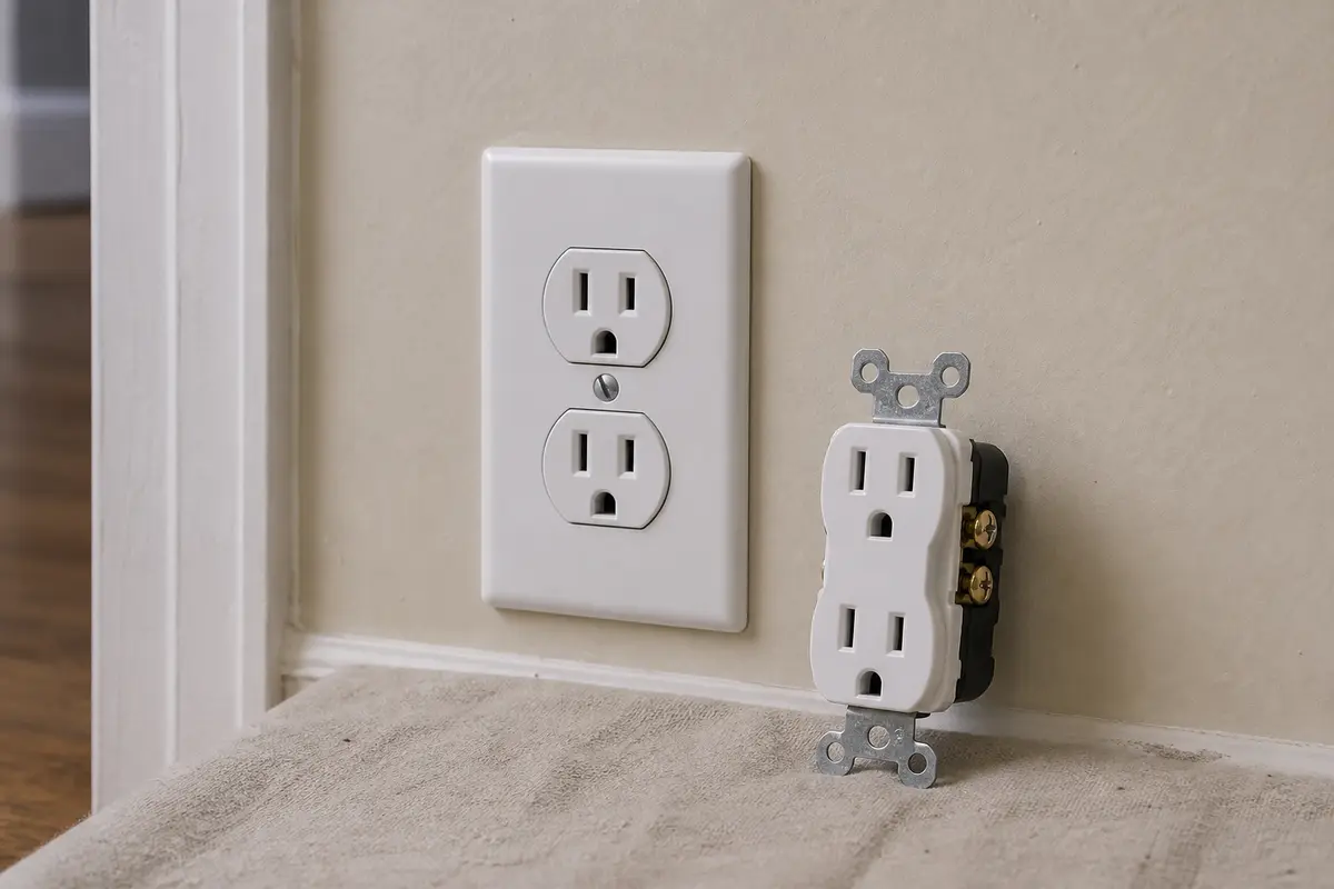 Tamper-resistant receptacle staged next to a wall outlet for a confirmed damaged device