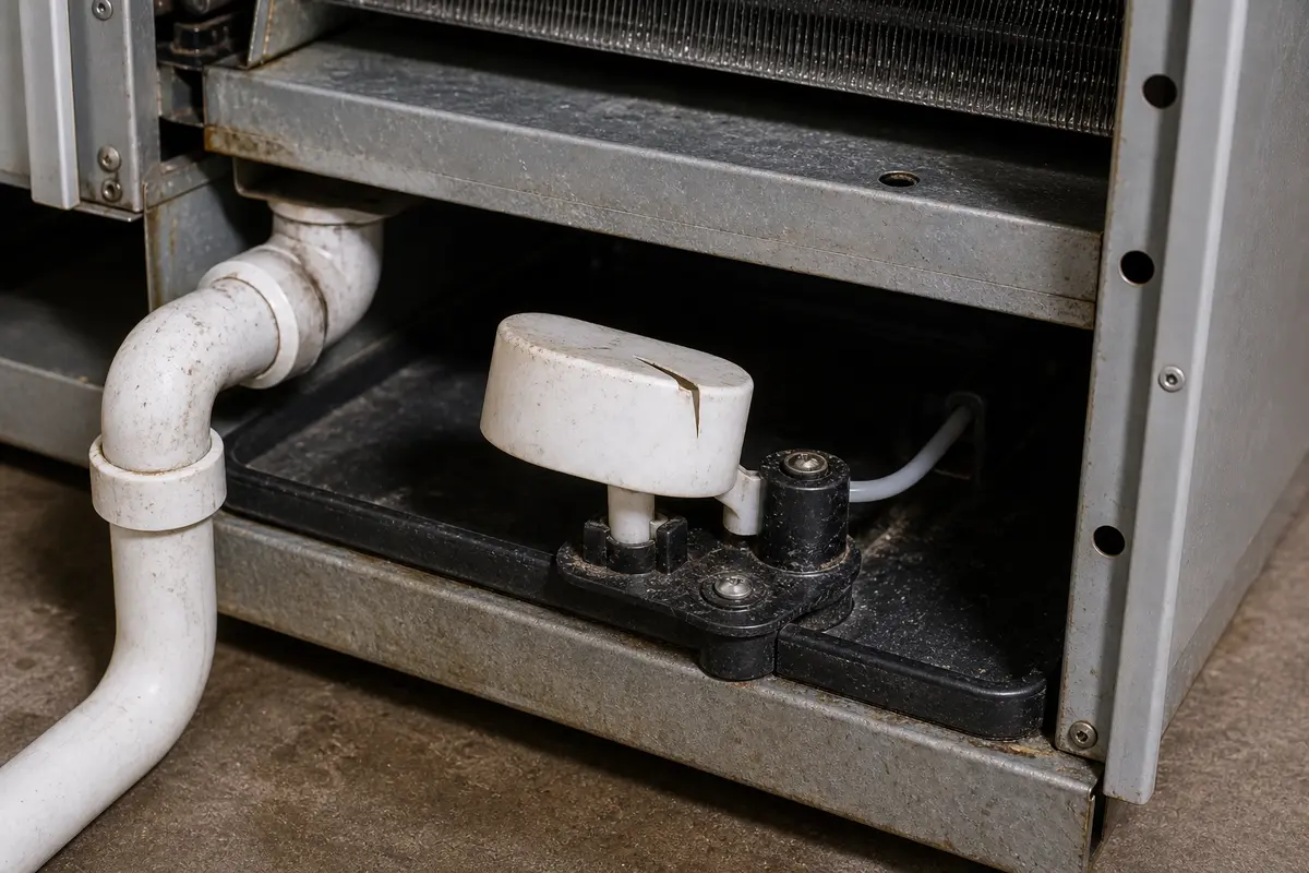 Air handler condensate float switch for frozen-coil drain safety checks