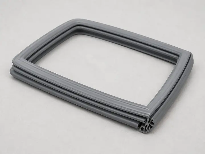 Flexible gray freezer door gasket folded to show seal profile