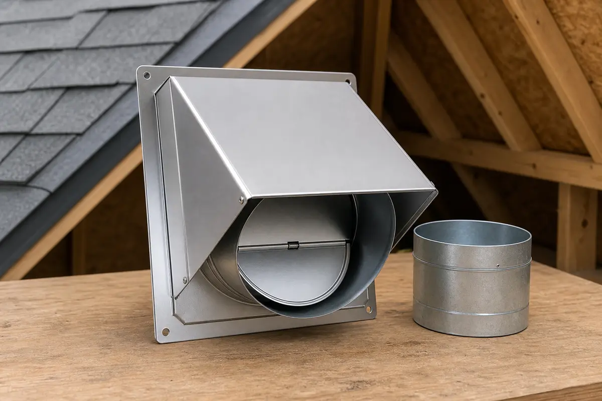 Exterior bathroom fan vent cap with backdraft damper and duct collar