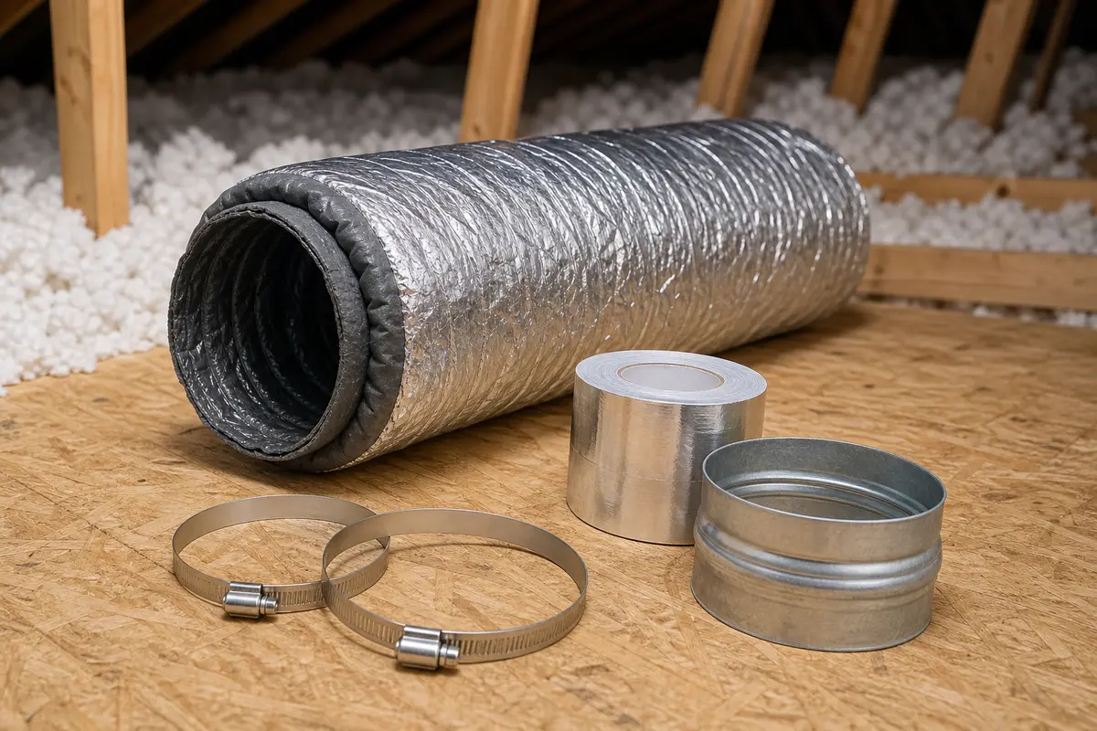 Insulated bath fan duct kit with clamps and foil tape for attic exhaust repair