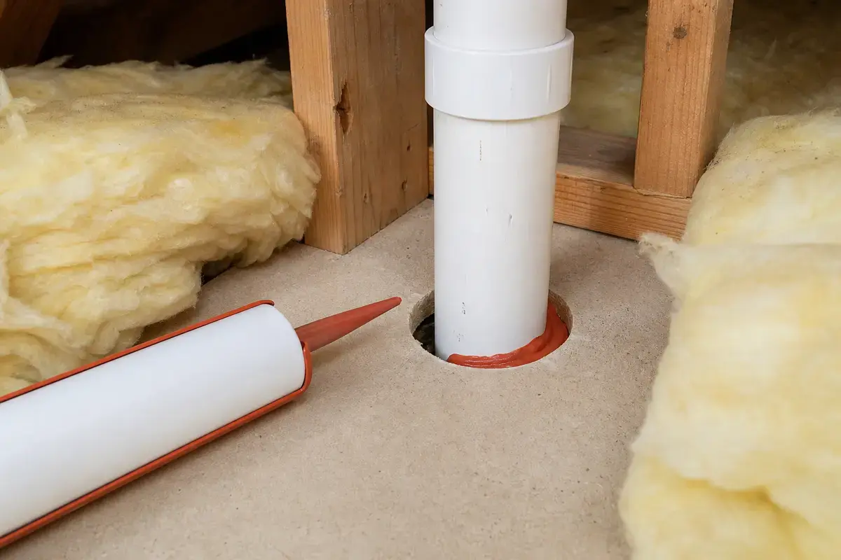 Fireblock sealant for small attic floor air leaks below ridge condensation
