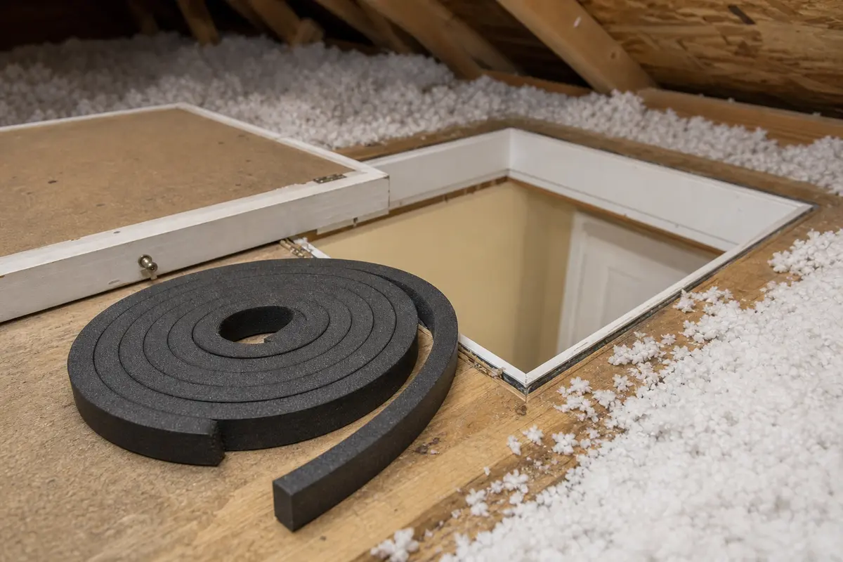 Attic hatch weatherstripping seal used when hatch leakage contributes to frost-melt drips