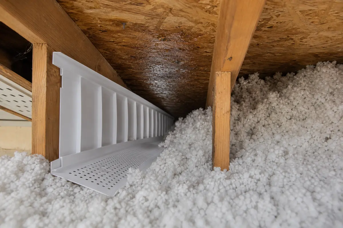 Attic ventilation baffle preserving soffit intake near insulation