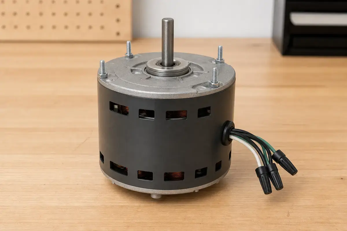 Replacement powered attic fan motor with mounting studs and lead wires