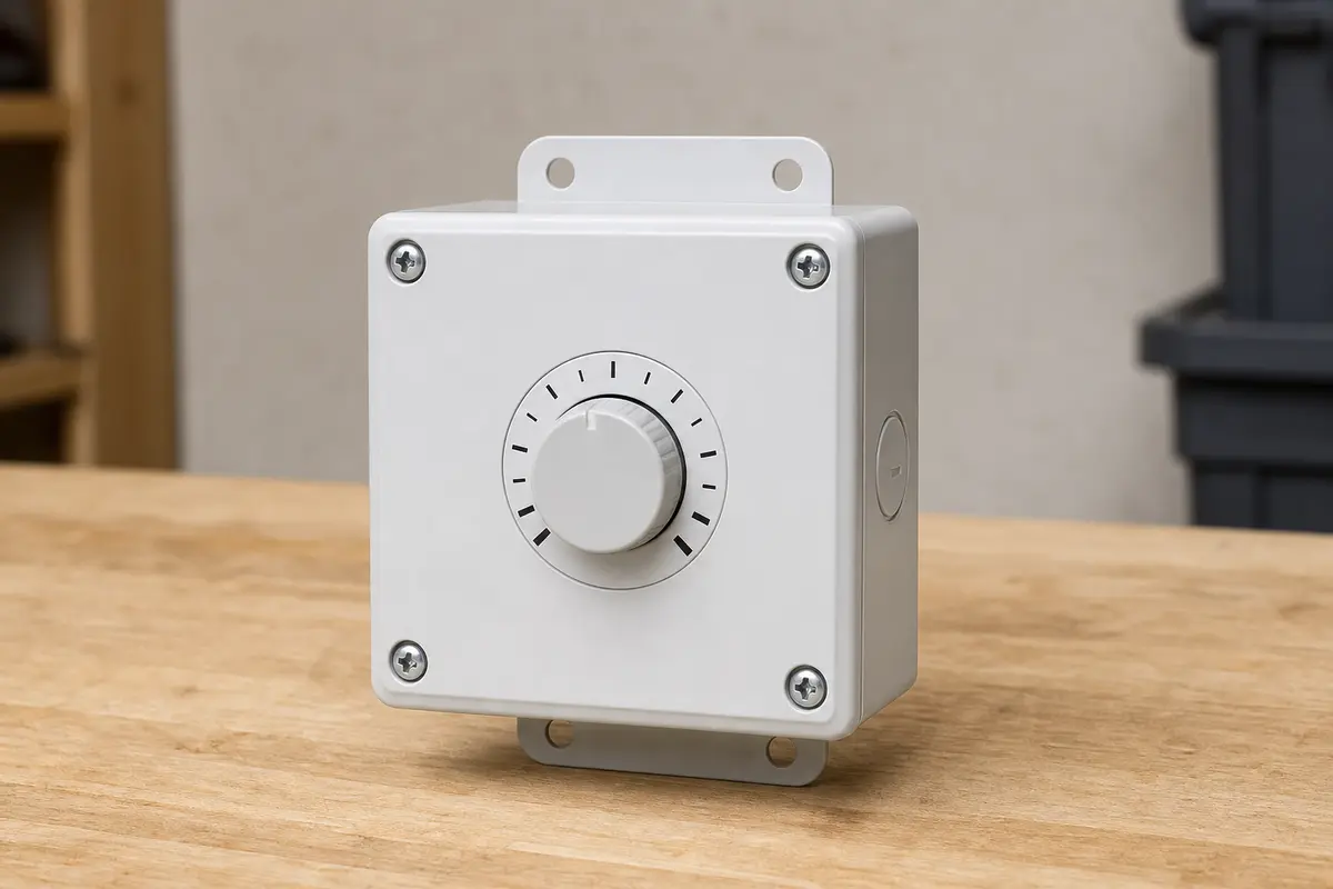 Attic fan thermostat humidistat control box with adjustment dial