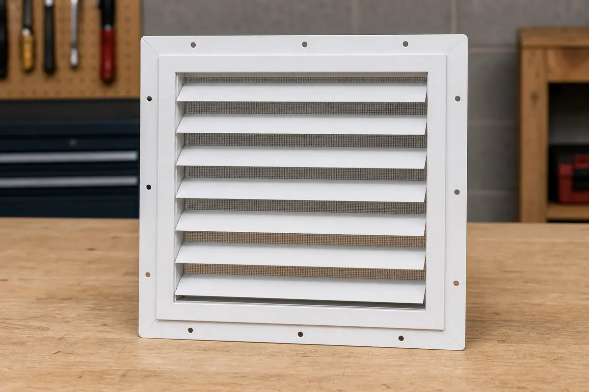 Replacement gable vent louver with white frame and insect screen