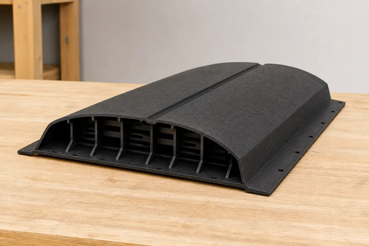 Replacement shingle-over ridge vent section with vent slots visible