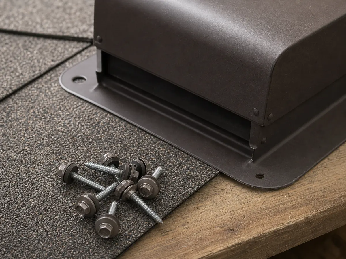 Exterior screws with washers for securing a loose attic vent flange against wind