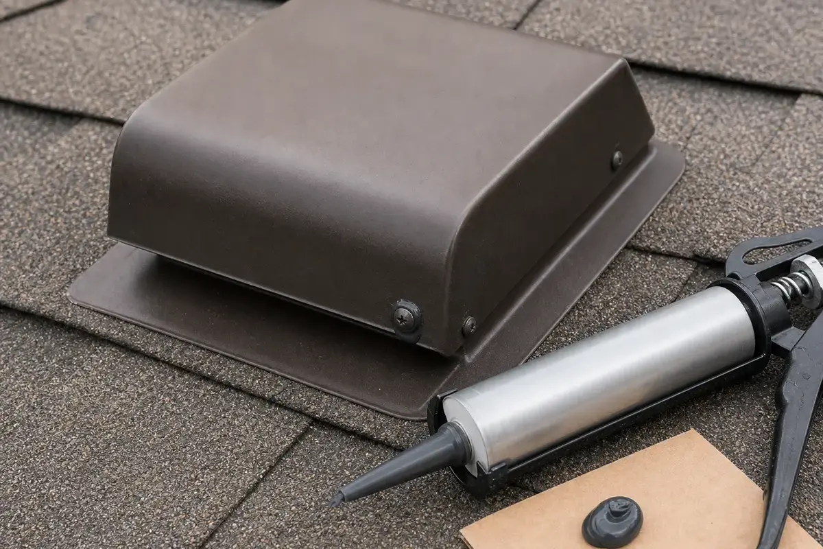 Exterior sealant for a small attic vent frame gap after screen repair