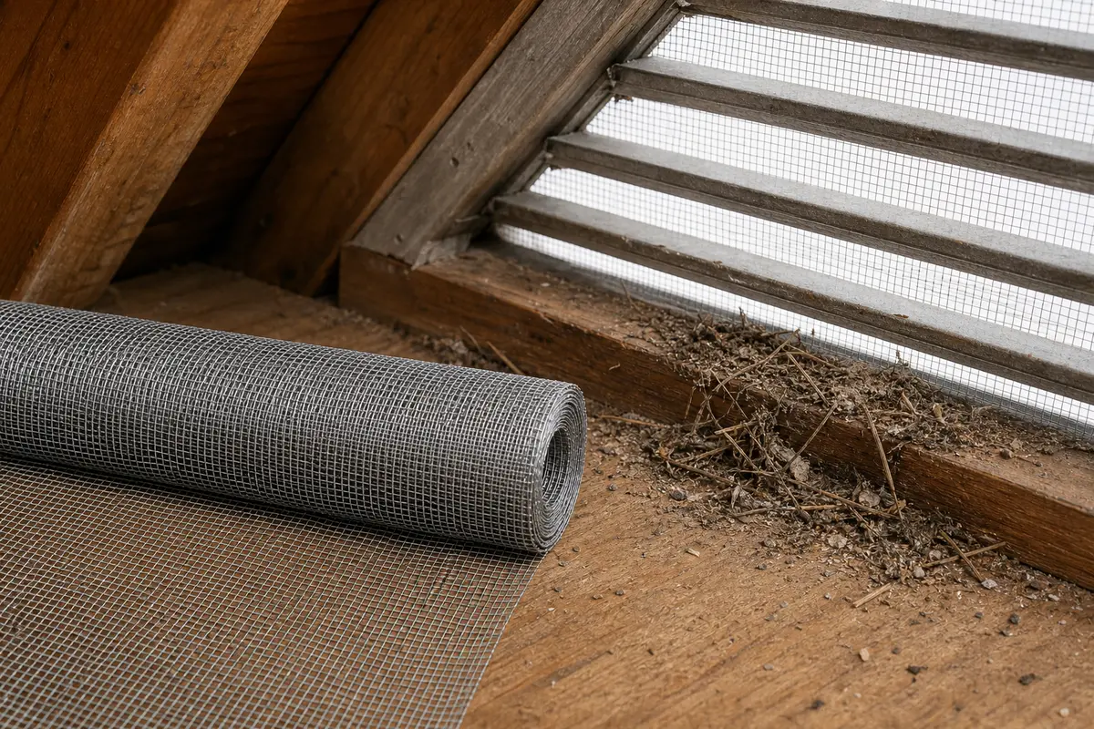Replacement vent screen mesh staged beside an attic vent opening