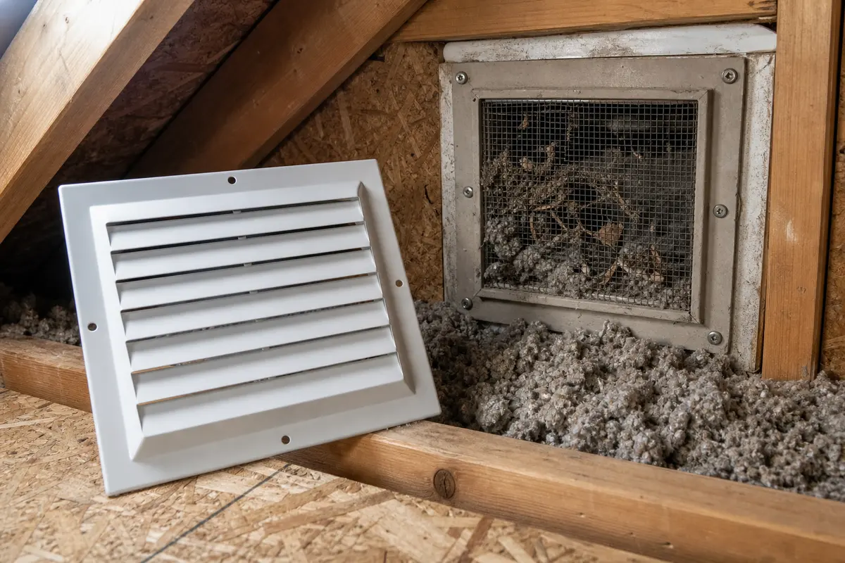 Attic vent cover replacement for a damaged local ventilation opening