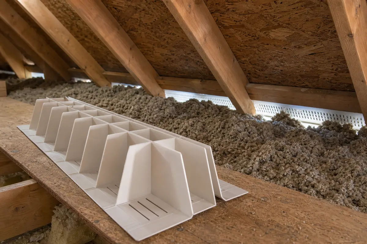 Attic ventilation baffle preserving soffit intake for attic airflow