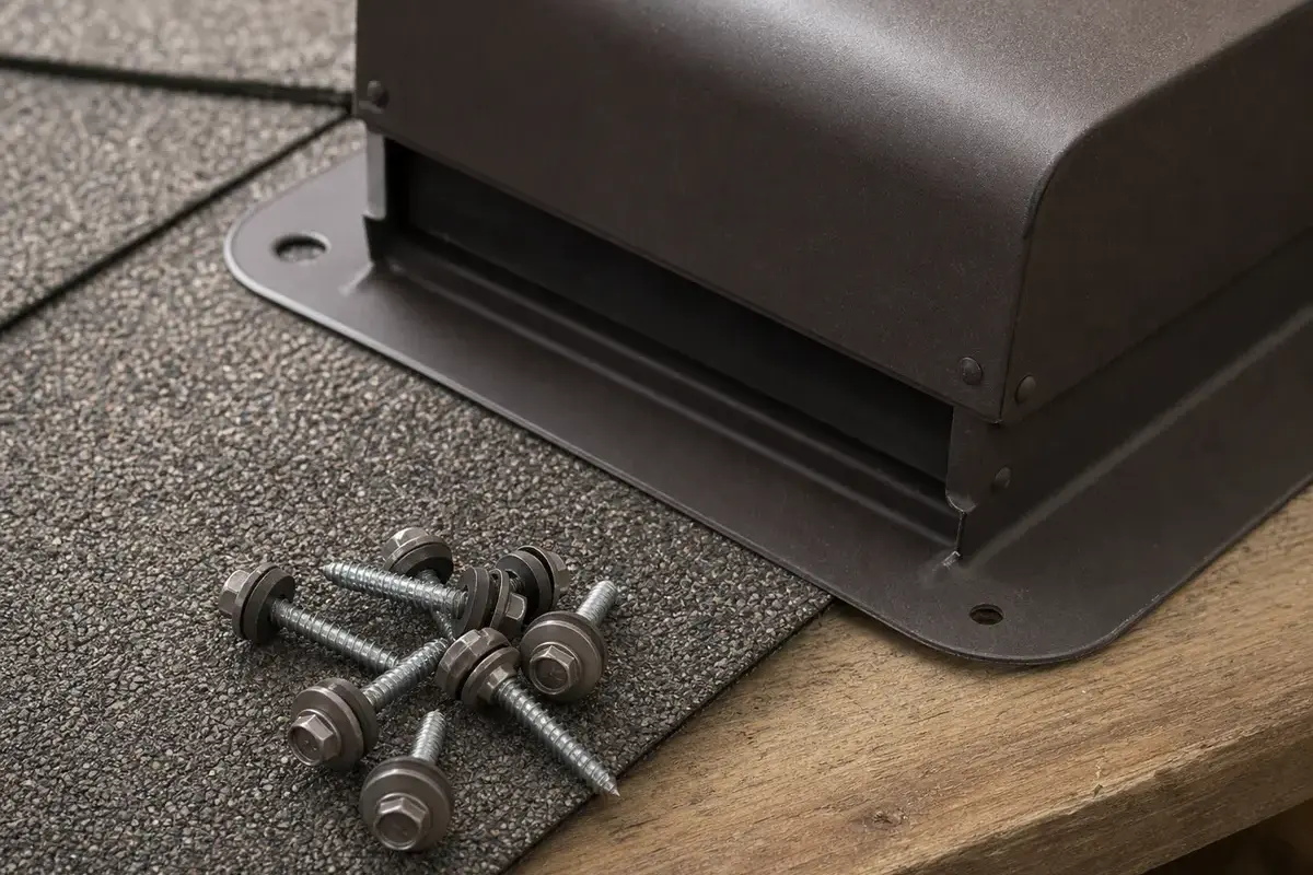 Exterior screws with washers for securing a noisy attic vent edge
