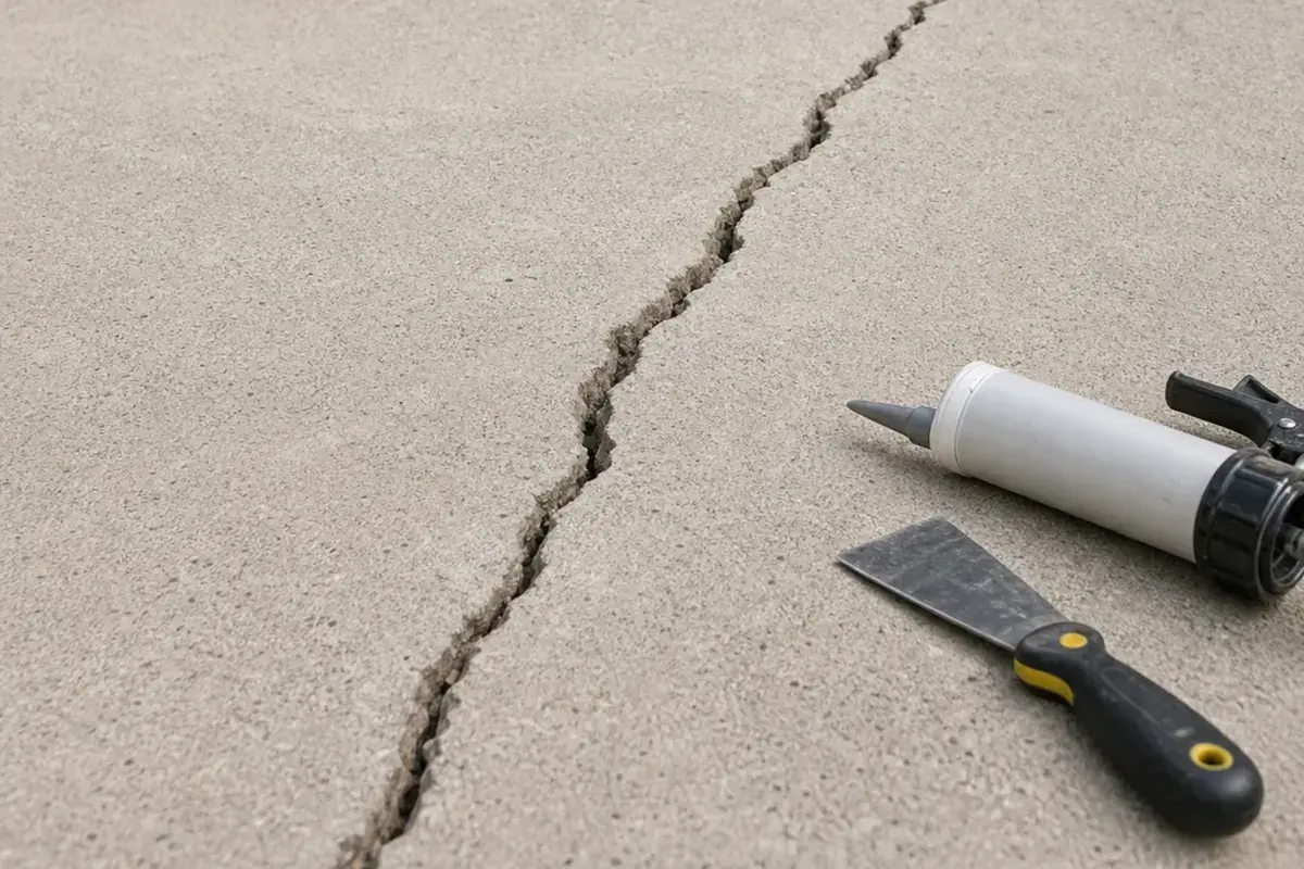 Concrete crack filler staged beside a narrow basement floor crack