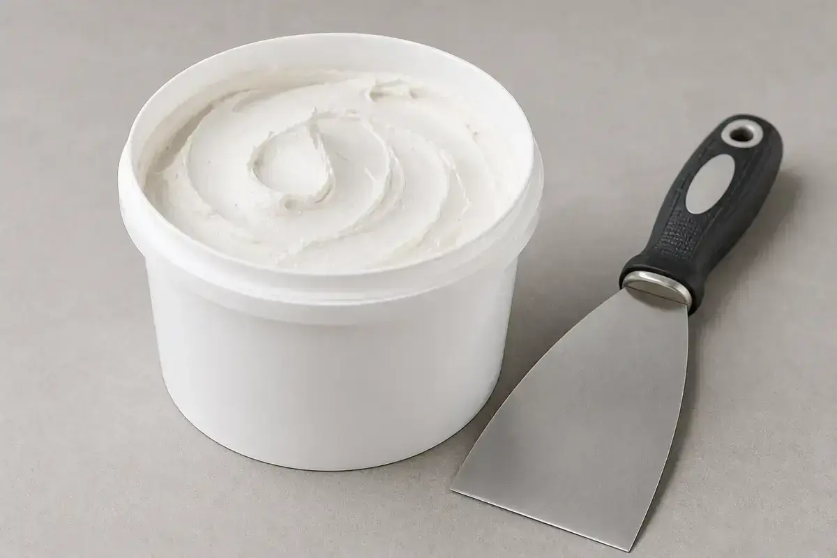Concrete patch material and putty knife for a small basement floor repair