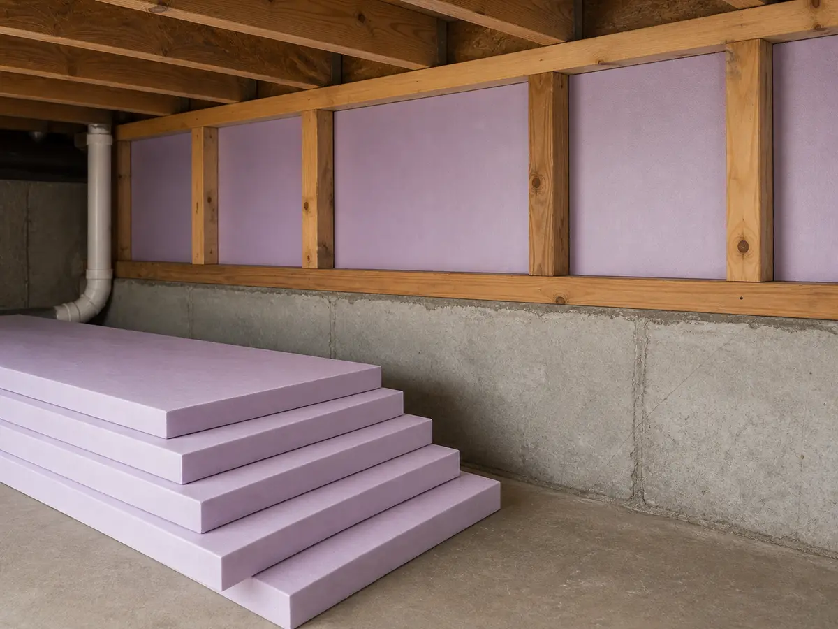 Rigid foam board staged near a basement foundation wall for cold-edge insulation