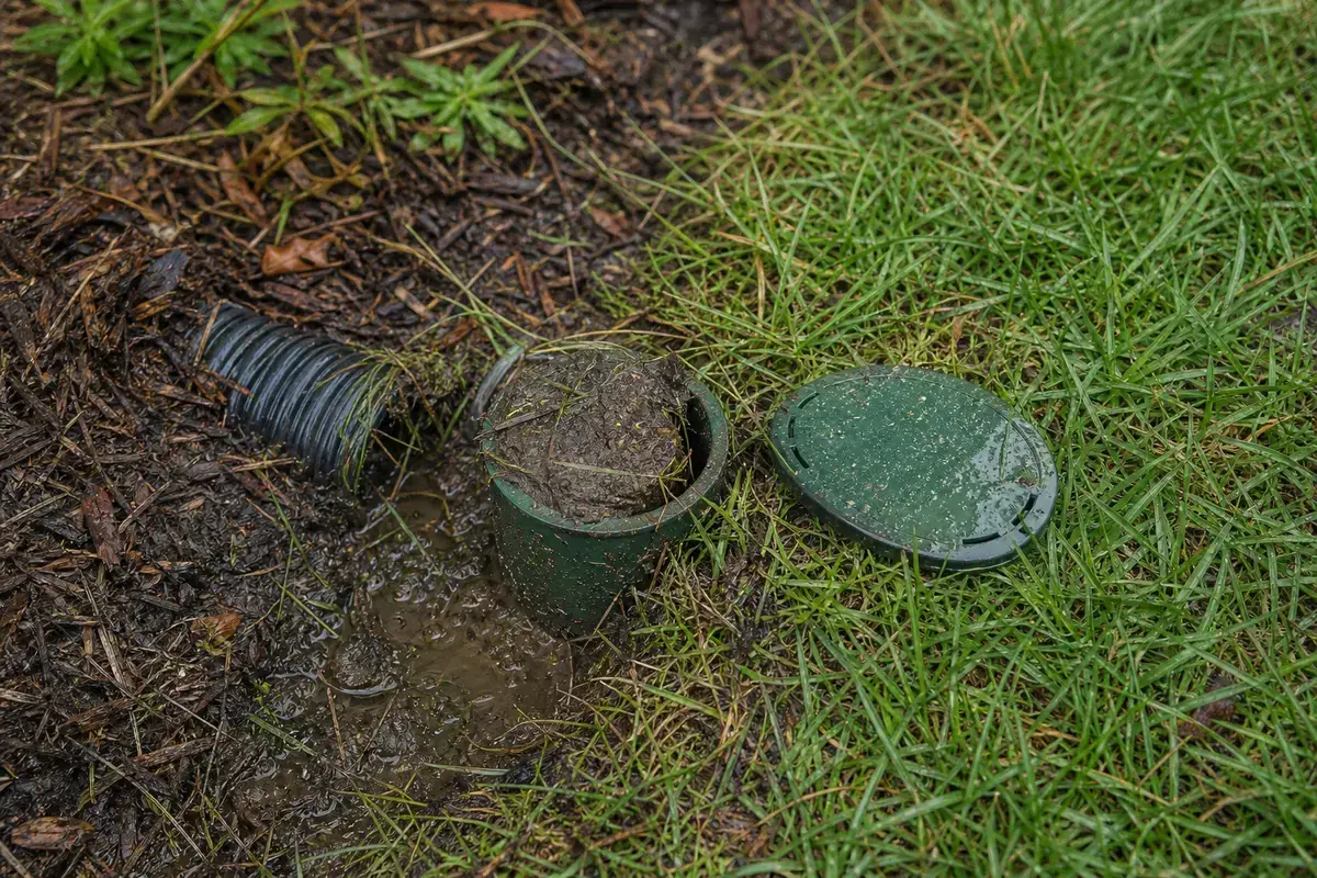 Pop-up drain emitter discharging spring runoff in a yard