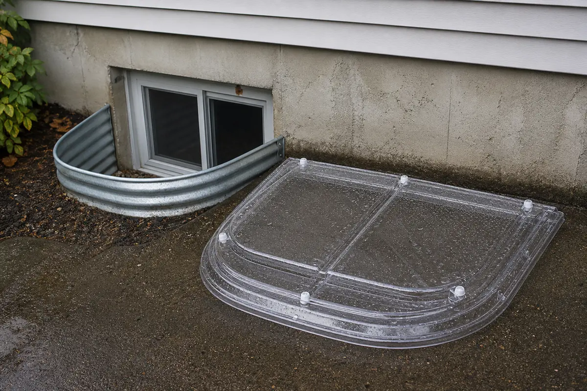 Window well cover protecting a basement window during spring melt