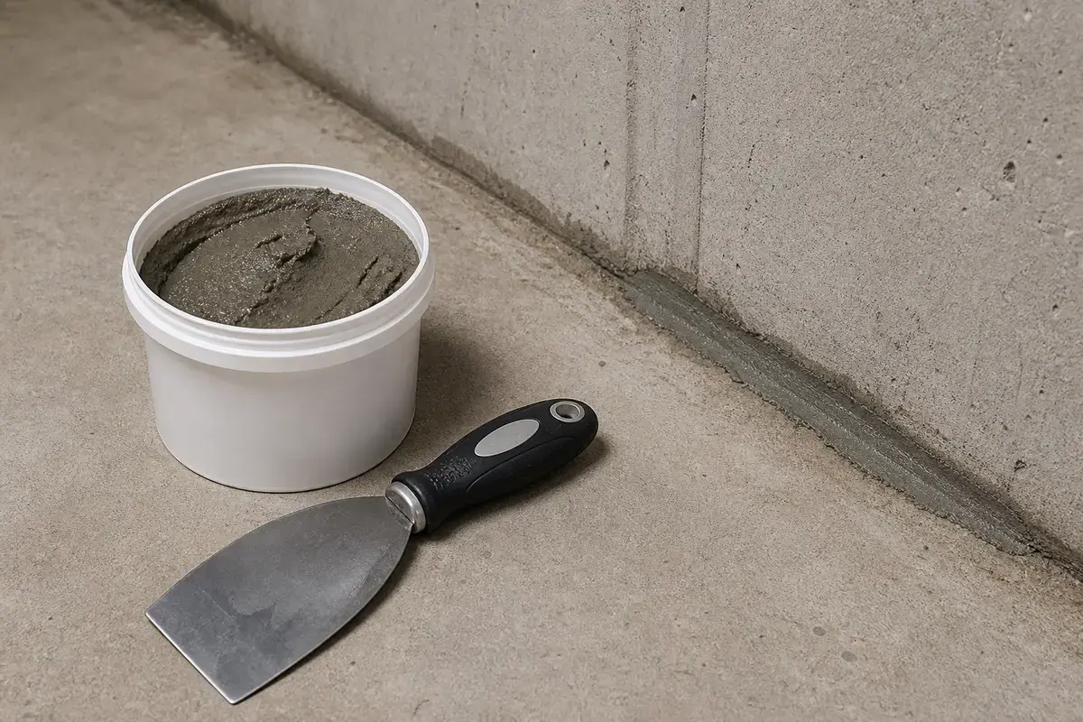 Hydraulic cement water-stop patch beside a basement wall-side seep point
