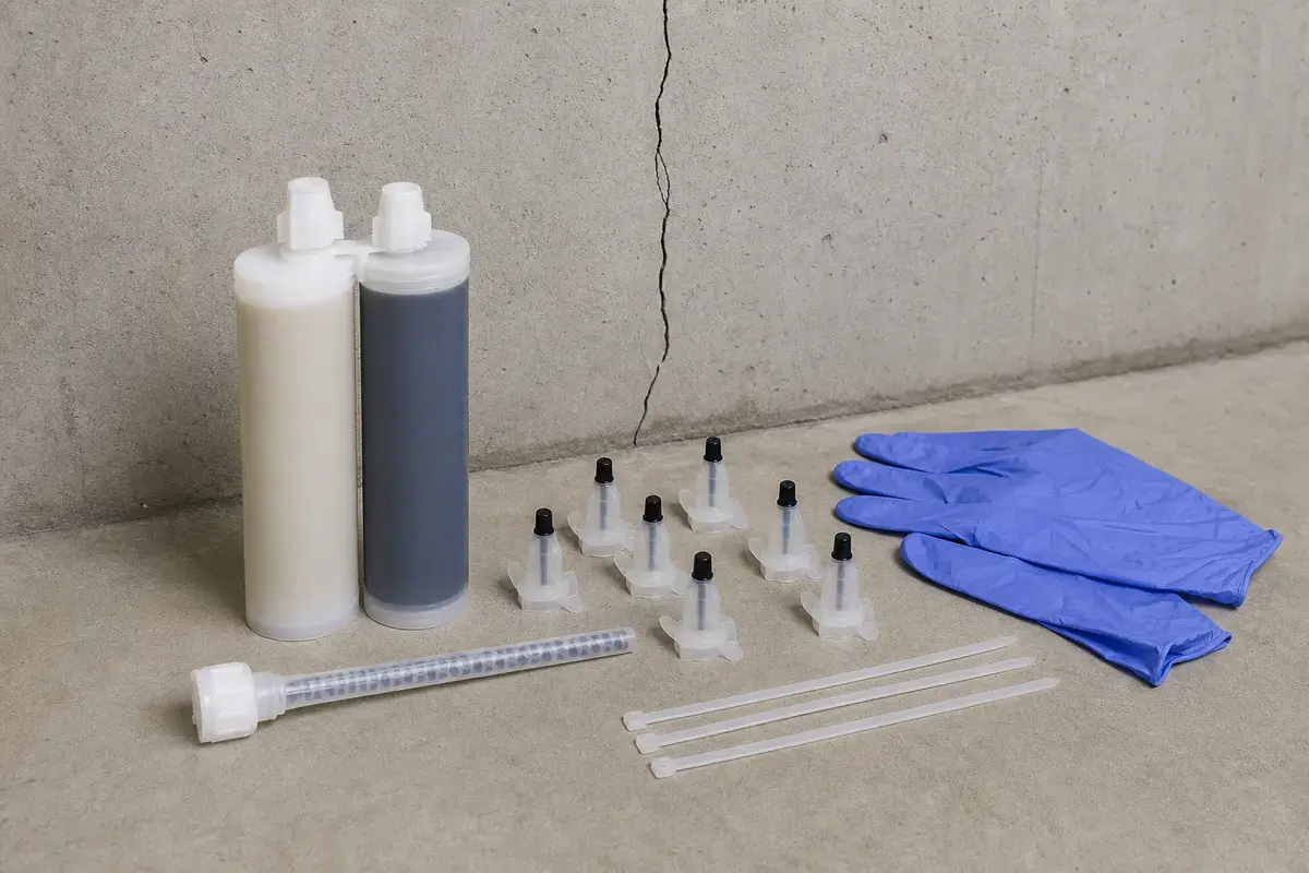 Foundation crack injection kit beside a basement wall crack that opens in winter