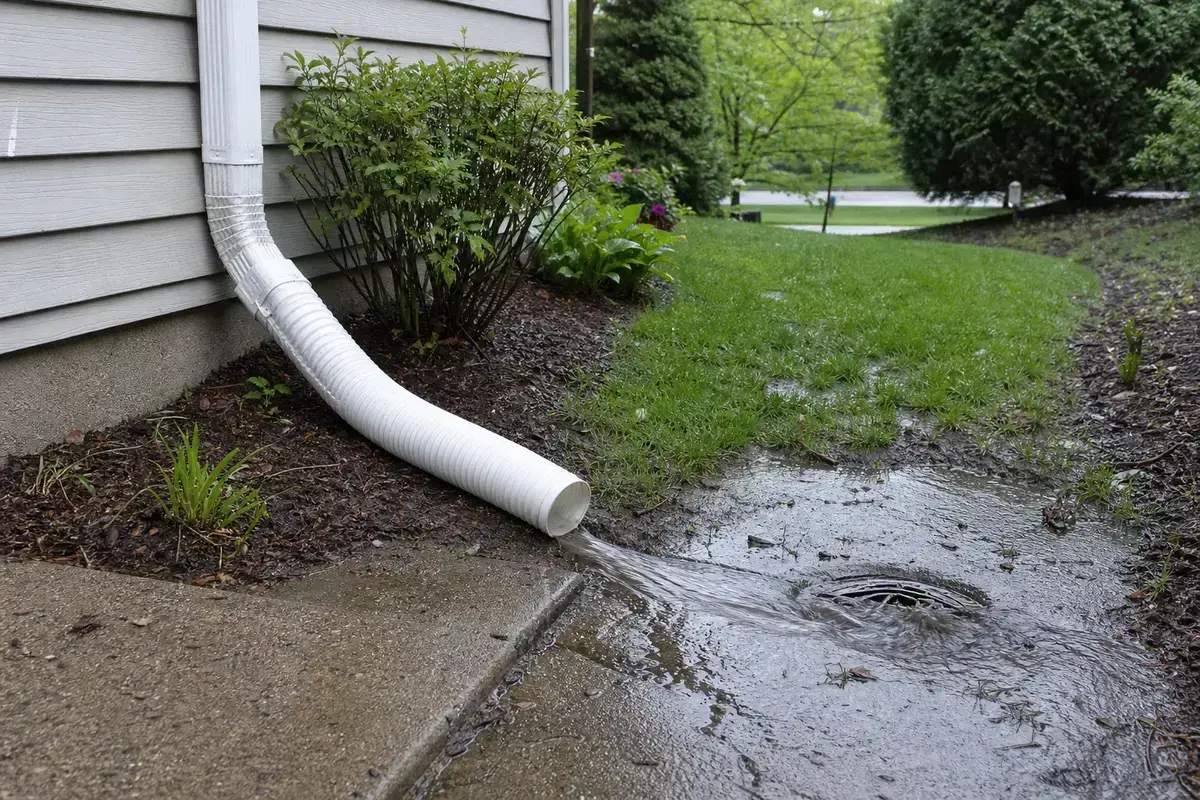 Downspout extension moving water away from a cracked basement wall