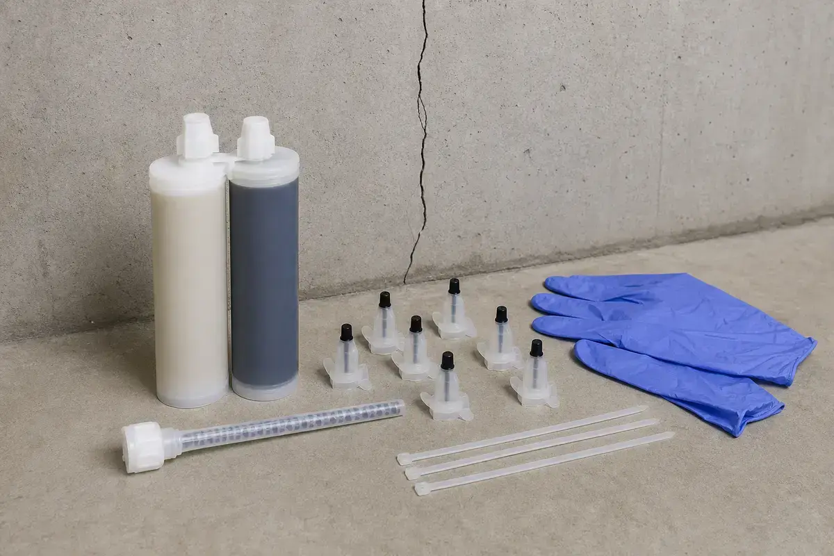 Foundation crack injection kit staged beside a cracked basement wall