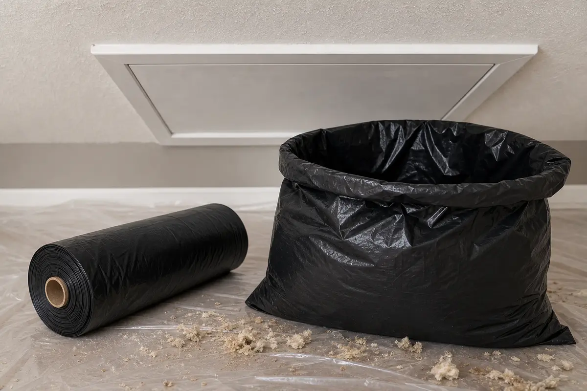 Contractor cleanup bags staged for limited attic hatch cleanup debris