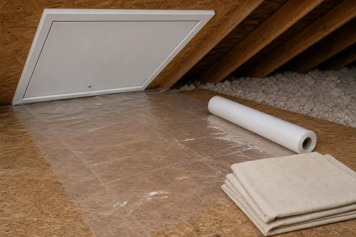Plastic sheeting staged below a soffit cleanup area