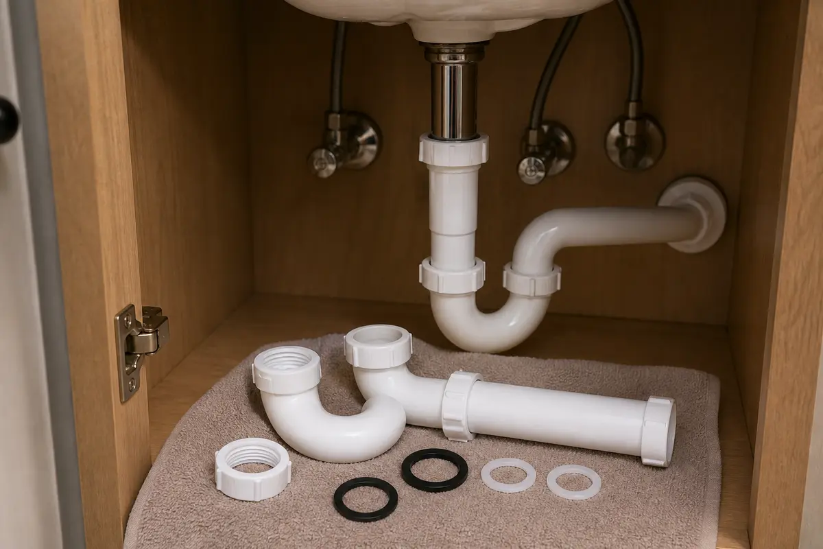 Bathroom sink P-trap kit staged under a vanity