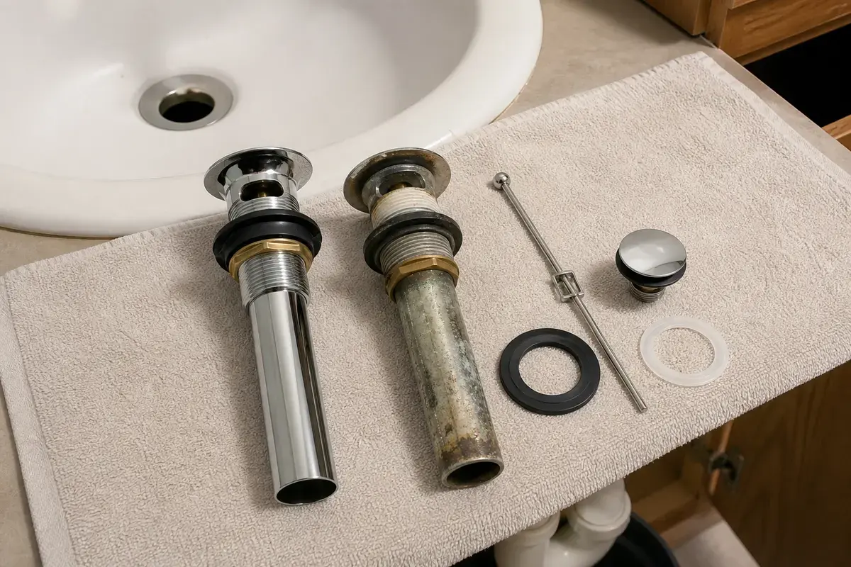 Bathroom sink drain assembly with pop-up hardware