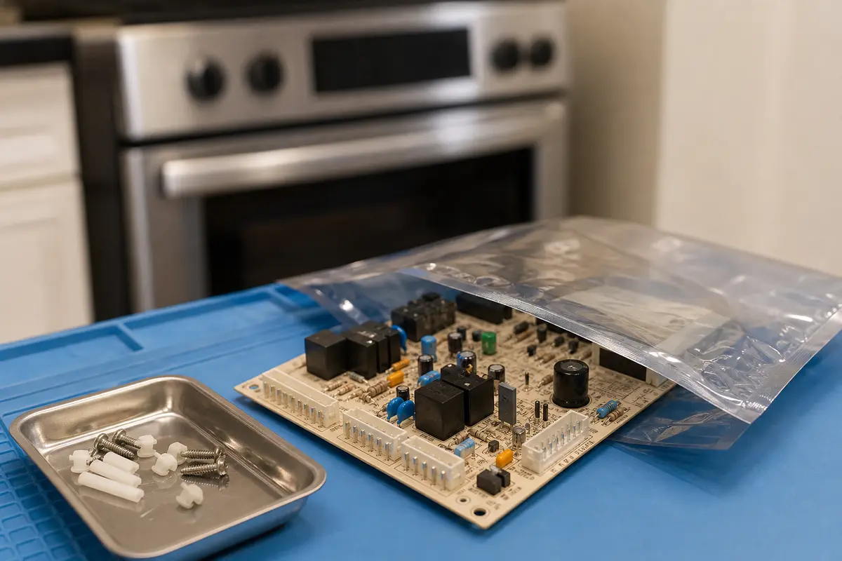 Range control board on an antistatic mat beside a parts tray after E310 power-path checks