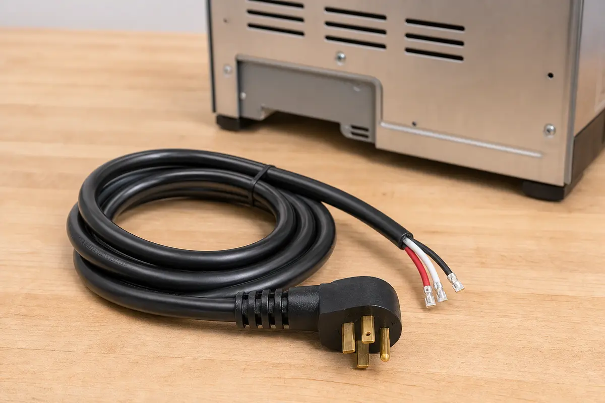 Replacement range power cord staged before model and rating checks for a Bosch E310 fault