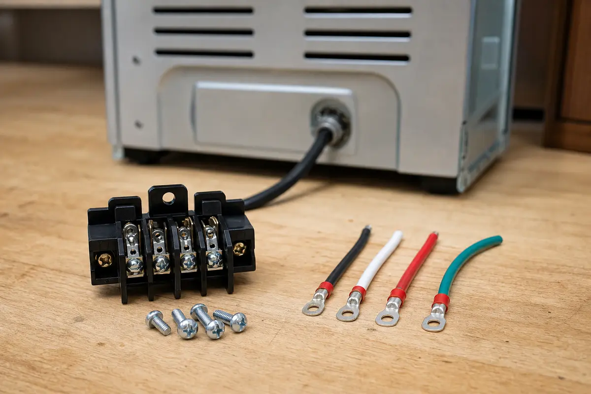 Range terminal block, ring terminals, and harness leads arranged beside the rear range cord entry for E310 diagnosis