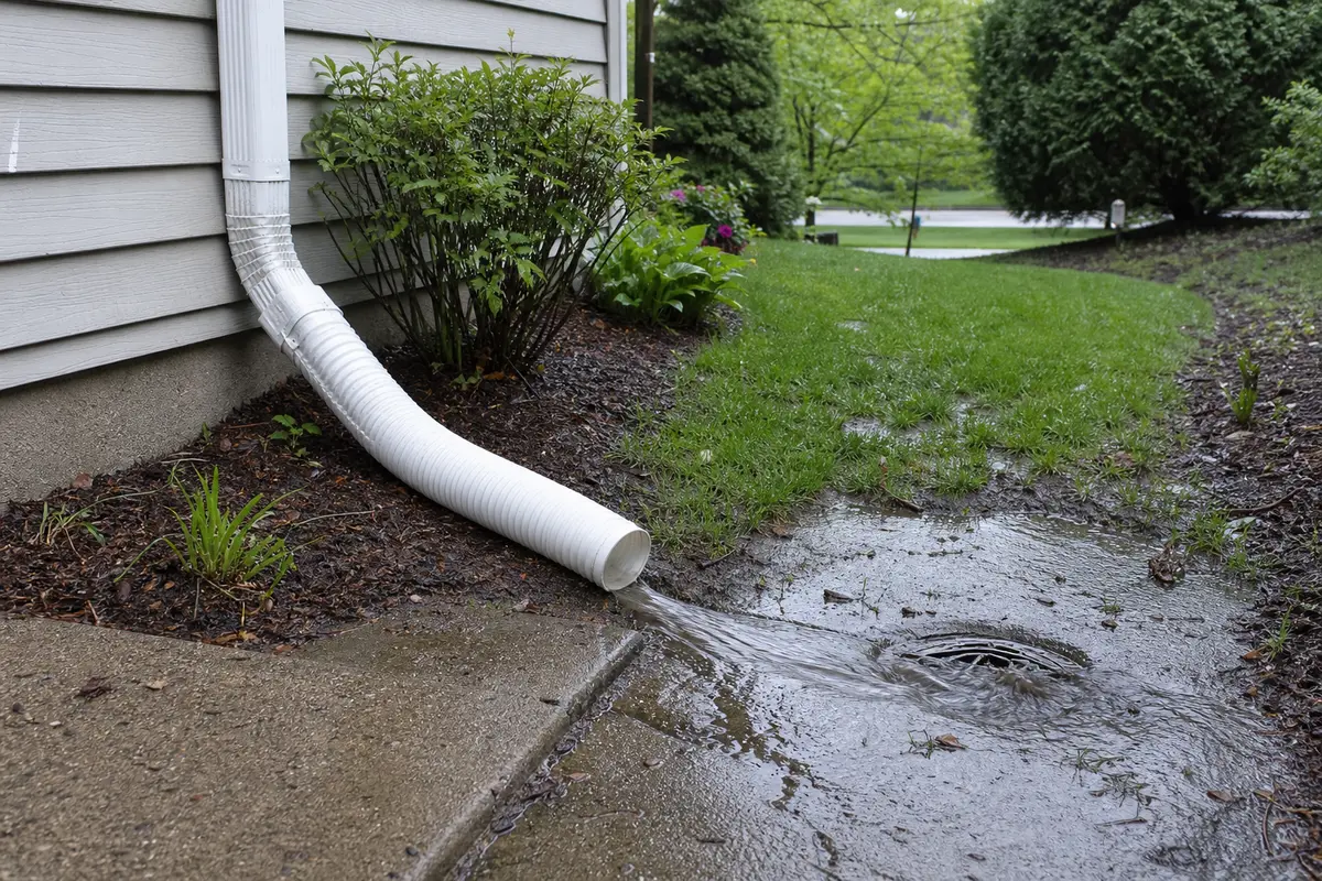 Downspout extension carrying roof runoff away from a flooded drain area