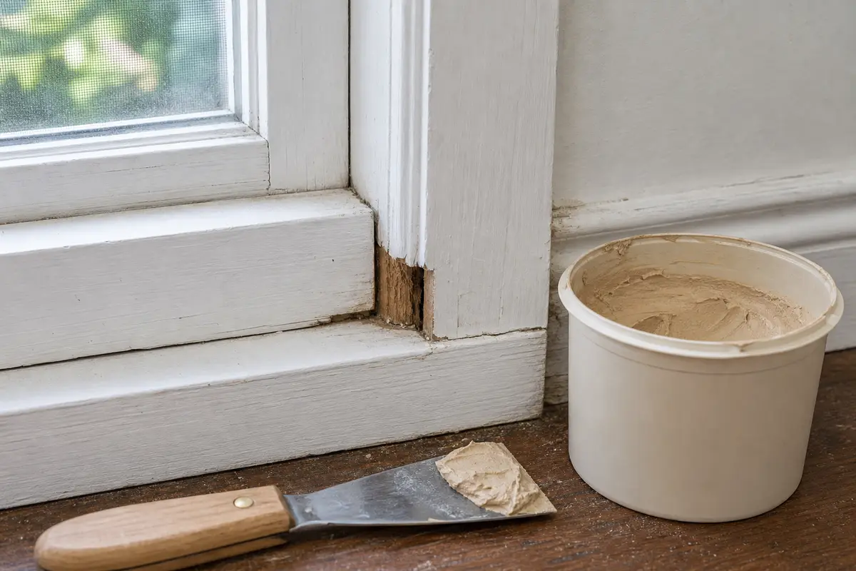 Exterior wood repair filler and putty knife beside window trim damage