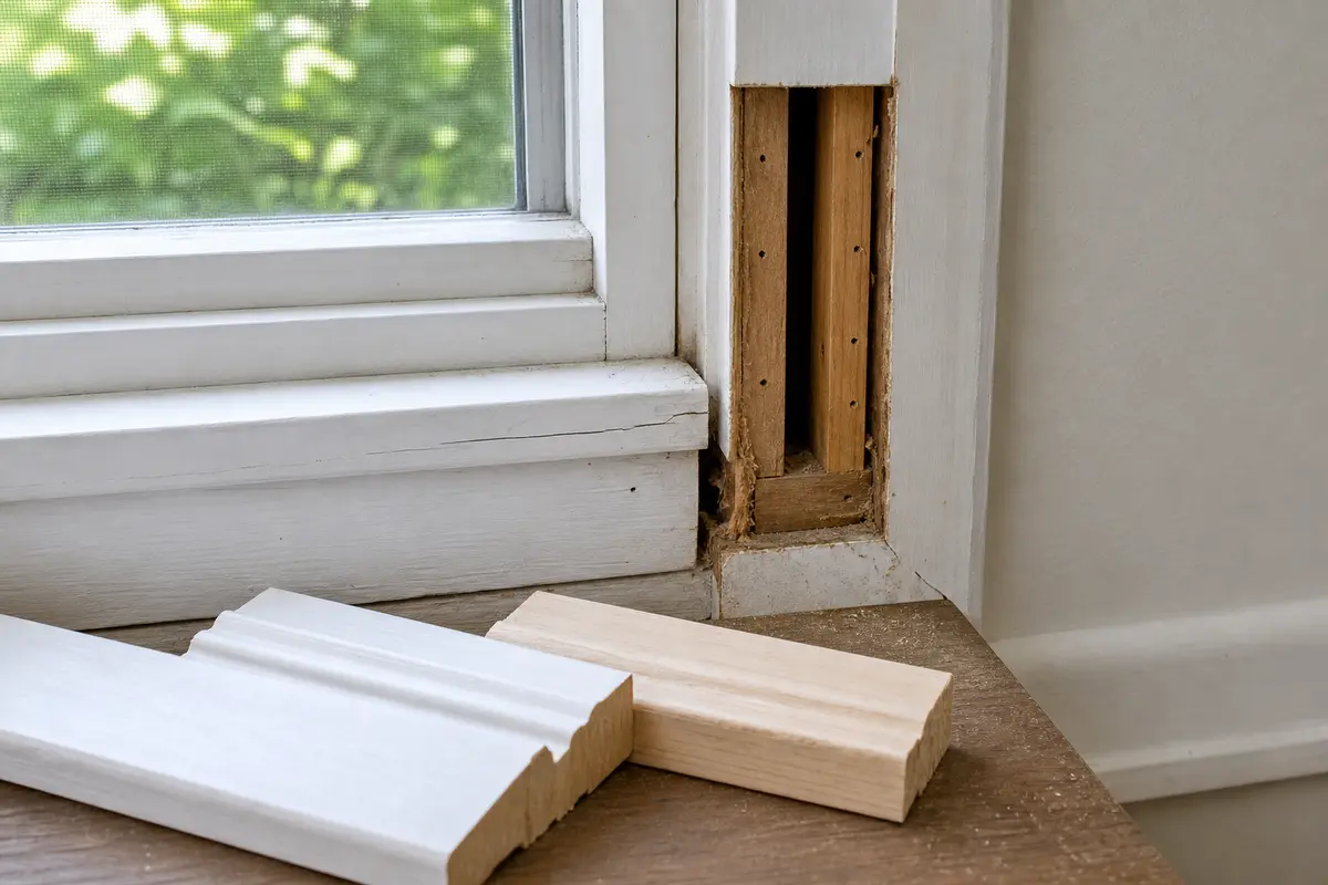 Matched window casing boards beside an opened trim repair