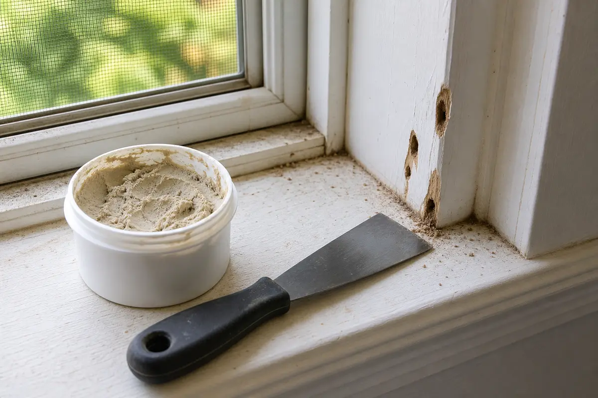 Exterior wood repair filler and putty knife beside window frame damage