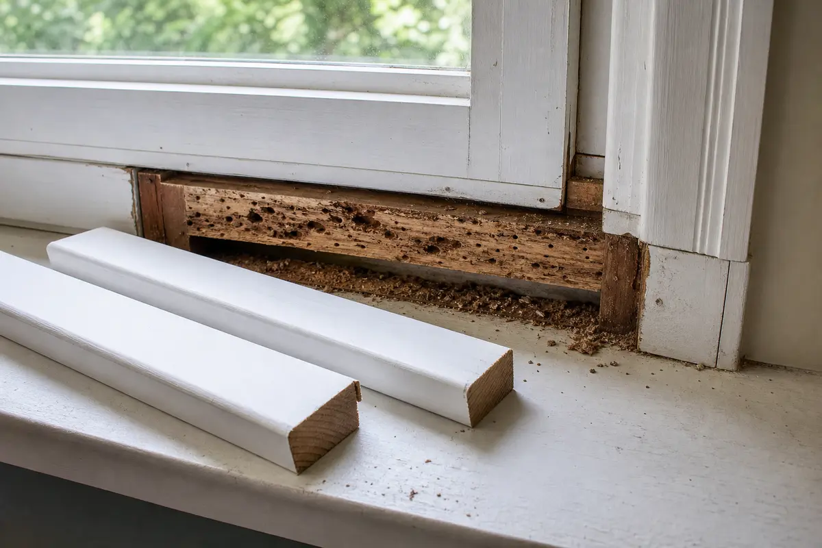 Matched window trim boards staged beside an opened frame repair
