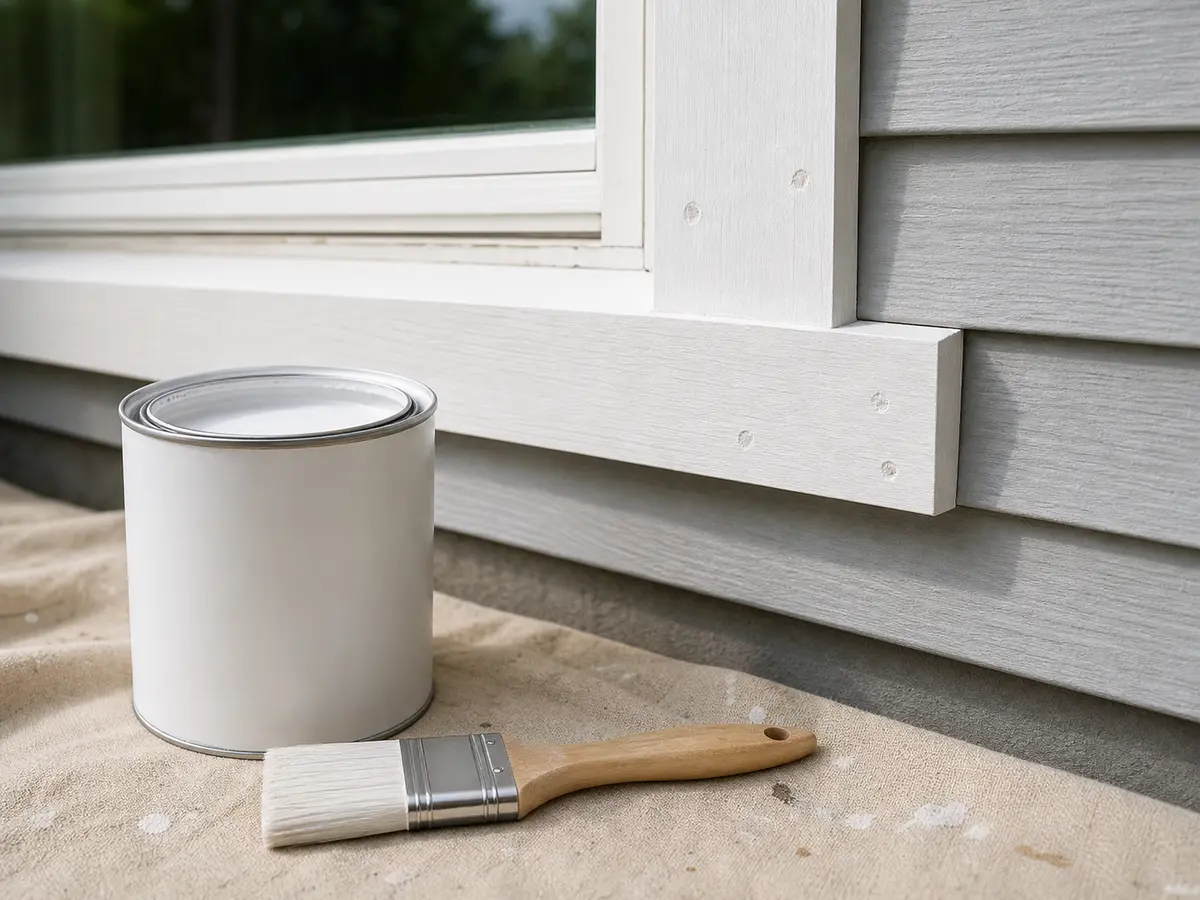 Exterior primer can and brush beside repaired siding trim