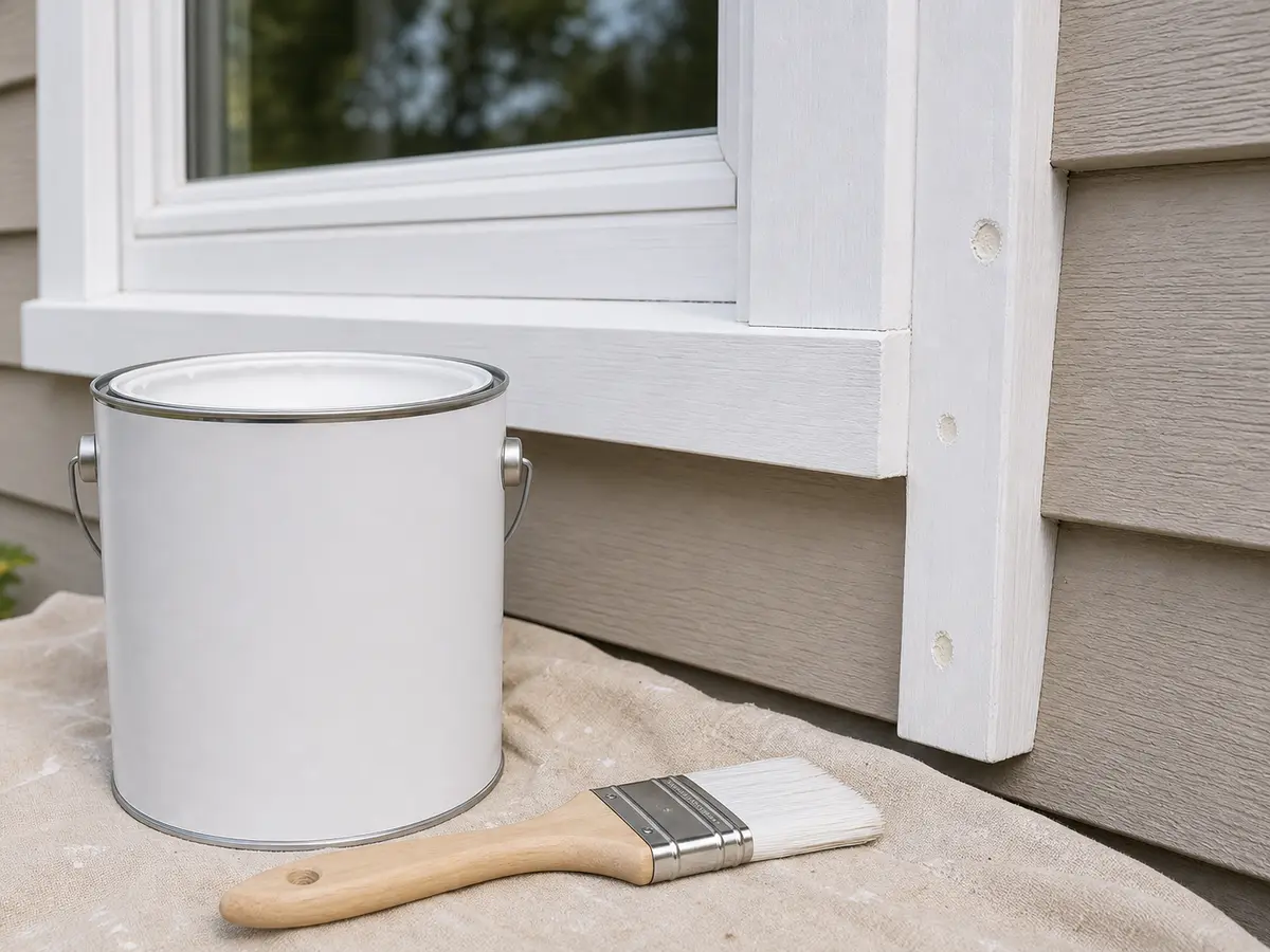 Exterior trim paint can and brush beside repaired siding trim