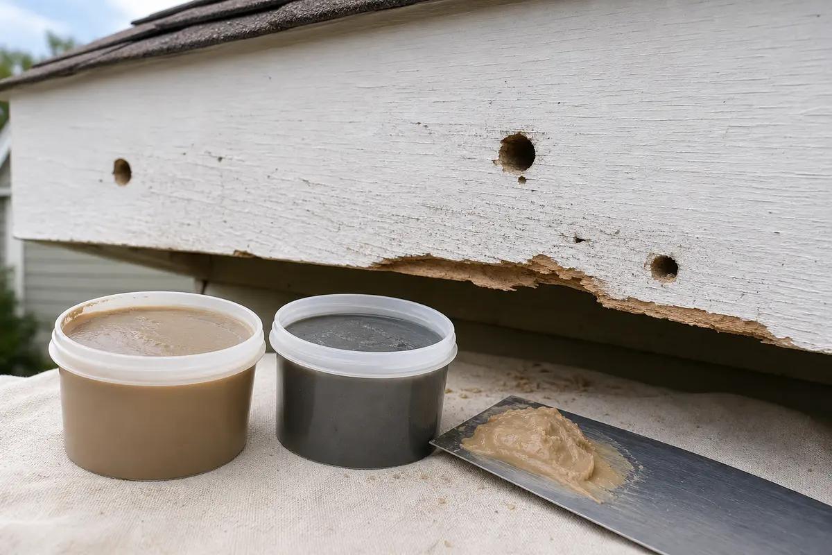 Exterior epoxy wood repair filler for a chewed fascia trim edge
