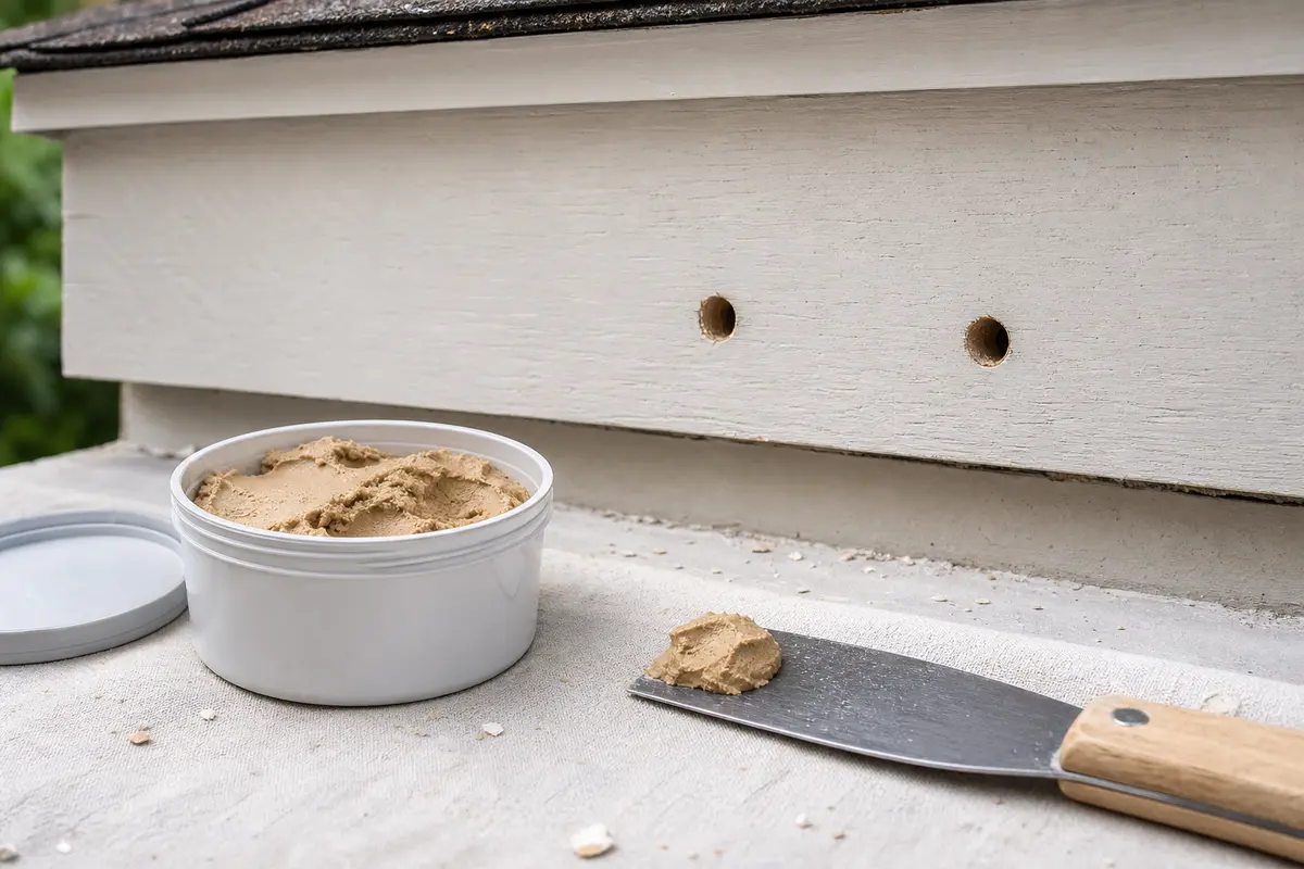 Exterior wood filler for inactive carpenter bee holes in fascia trim